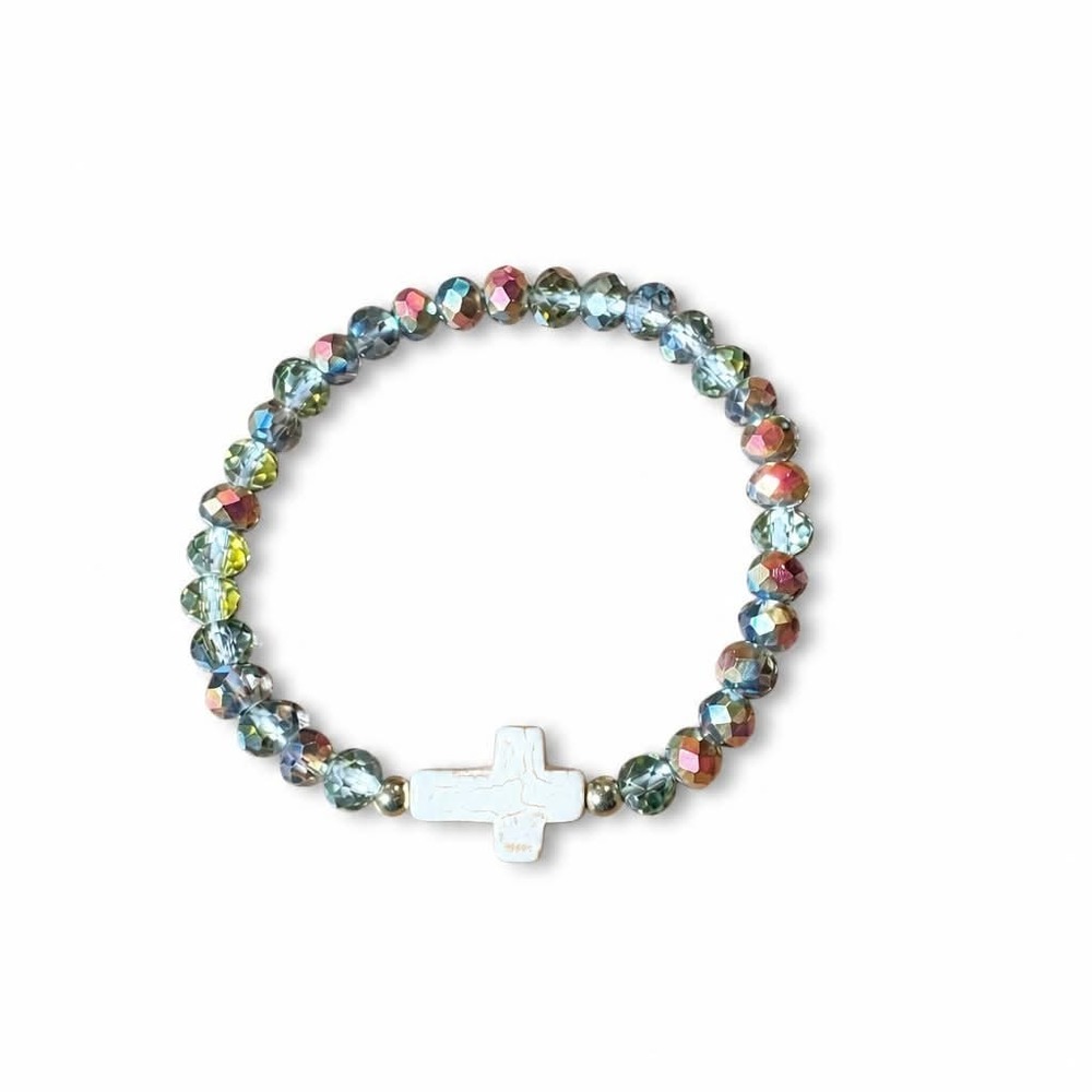 Faceted Grey Metallic Plastic Bead Cross Stretch Bracelet Faith Gift Pouch NEW